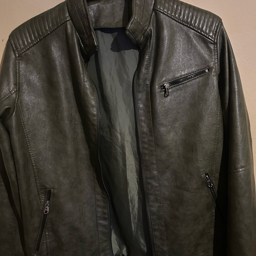 Green Lightweight leather Jacket with Textured Panels